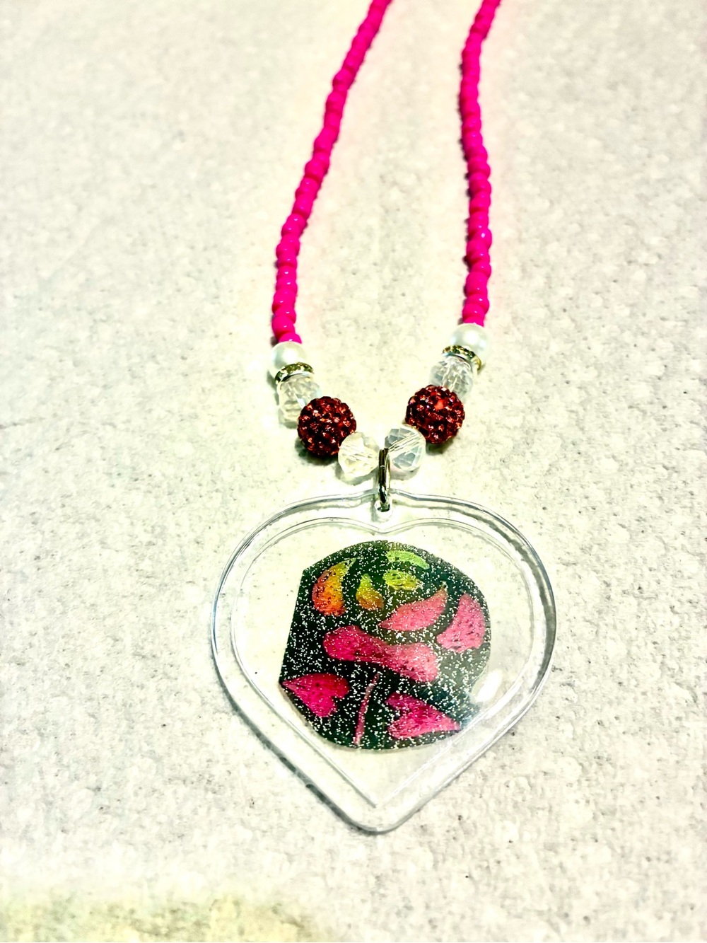 Pink Beaded Heart Pendant Necklace with Floral Accent -